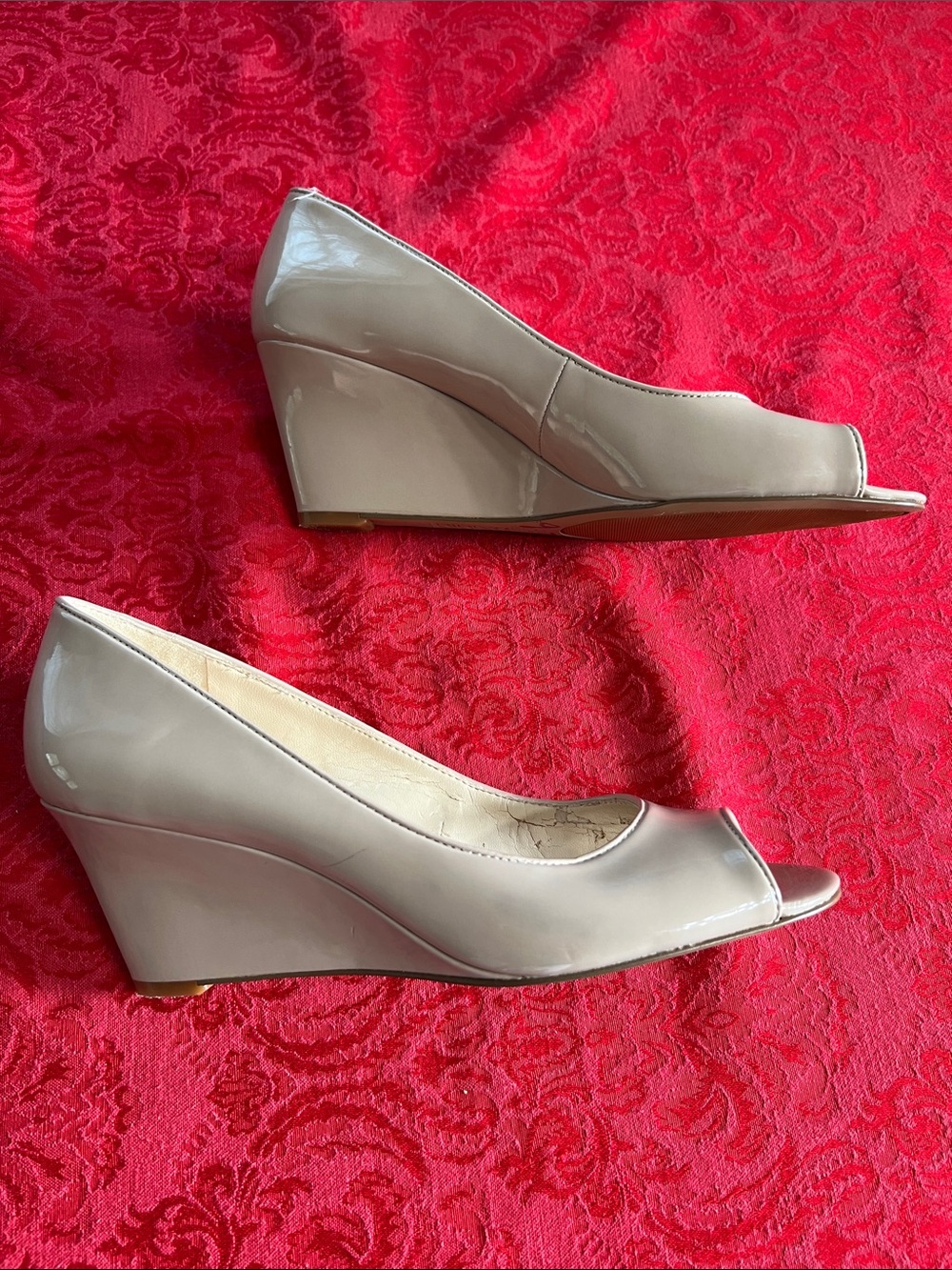 Nine West Women’s 9M Nude Patent Peep Toe Wedge Pumps 2.75" Heel